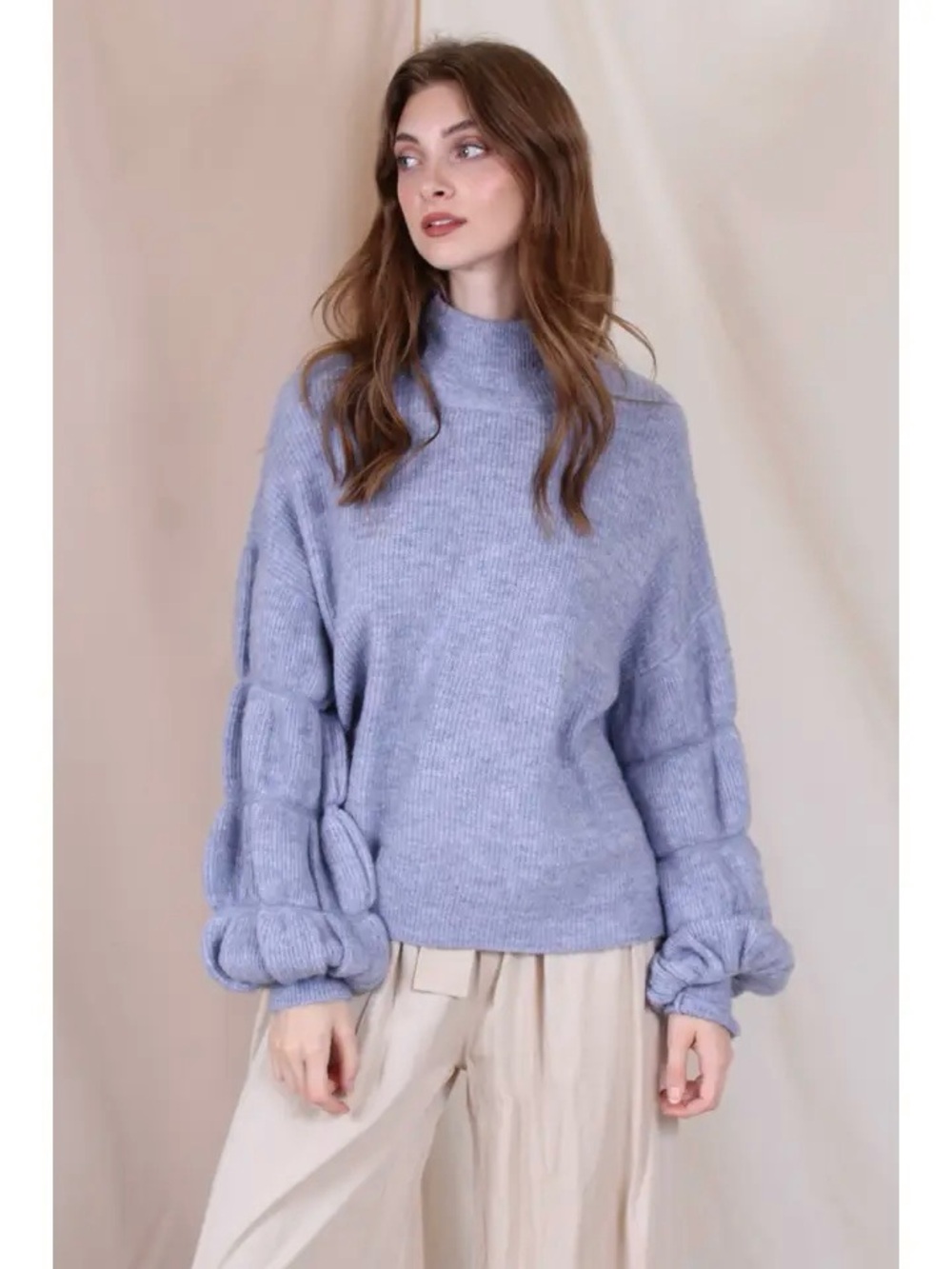 NEW Petal & Pup Fore Gabriella Blue Bubble Sleeve Cozy Mock Sweater Sz M